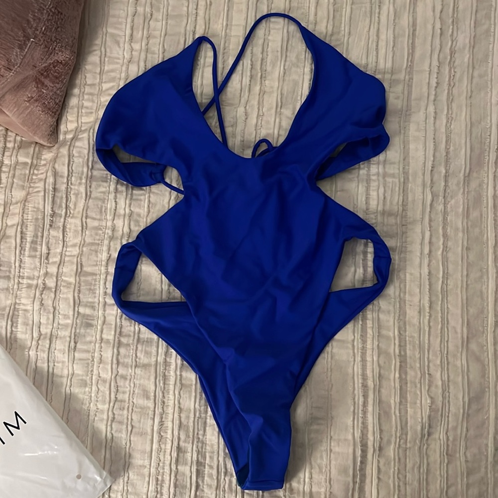 White Fox one piece blue bathing suit